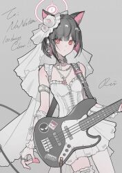 1girl absurdres ajirui alternate_costume animal_ears bass_guitar belt_collar black_hair blue_archive bridal_veil cat_earrings cat_ears collar colored_inner_animal_ears colored_inner_hair commentary_request dress earclip earrings extra_ears fender_jazz_bass flower frilled_thigh_strap gift_art grey_background guitar hair_ornament hairclip halo highres holding holding_bass_guitar holding_instrument holding_plectrum instrument jewelry kazusa_(band)_(blue_archive) kazusa_(blue_archive) looking_at_viewer multicolored_hair nail_polish parted_lips pink_hair pink_nails plectrum red_eyes ring short_hair signature simple_background single_leg_pantyhose solo thigh_strap veil white_dress white_flower