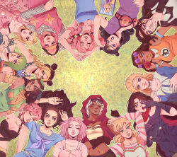 Rule 34 | 1boy, 6+girls, arm up, arms up, bare arms, black dress, black gloves, black hair, blonde hair, blue dress, breasts, brown hair, character request, check character, cigarette, circle formation, closed eyes, crop top, dark-skinned female, dark-skinned male, dark skin, dragona joestar, dreadlocks, dress, erina pendleton, ermes costello, foo fighters (jojo), gloves, green hair, green lips, grin, hair bun, happy, head wreath, hex tails, higashikata kato, highres, hirose yasuho, hot pants (sbr), jojo no kimyou na bouken, kujo holy, kuujou jolyne, leslove-draws, lisa lisa, long hair, lucy steel, lying, mariah (jojo), medium hair, midriff, multicolored hair, multiple girls, navel, nijimura kei, on back, on grass, orange dress, orange lips, pink hair, pink lips, purple dress, purple lips, red lips, red scarf, scarf, school uniform, serafuku, shirt, short hair, side up bun, single strap, smile, smoking, streaked hair, striped clothes, striped shirt, sugimoto reimi, trap, trish una, two-tone hair, vogue (magazine), white hair, yamagishi yukako