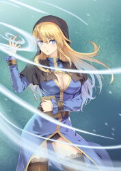 1girl black_leotard blonde_hair blue_background blue_dress blue_eyes book breasts brown_thighhighs chestnut_mouth cleavage cowboy_shot dress goeniko goenitz groin habit holding holding_book large_breasts leotard long_hair long_sleeves looking_at_viewer m.u.g.e.n nun simple_background solo svc_chaos the_king_of_fighters thighhighs wind wind_(mugen) yiran_kong_xian