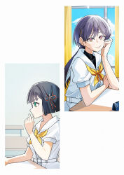 Rule 34 | 2girls, black hair, blunt bangs, blunt ends, bob cut, border, classroom, closed mouth, commentary request, desk, dress, elbows on table, flower, flower knot, goldluck, green eyes, grey hair, hair flower, hair ornament, hasu no sora school uniform, highres, indoors, katsuragi izumi, link! like! love live!, long hair, love live!, momose ginko, multiple girls, neckerchief, orange eyes, profile, puffy short sleeves, puffy sleeves, sailor collar, sailor dress, school desk, school uniform, short hair, short sleeves, sitting, smile, split mouth, summer uniform, triangle hair ornament, turtleneck, undershirt, virtual youtuber, white border, white dress, white flower, white sailor collar, wolf cut, yellow neckerchief