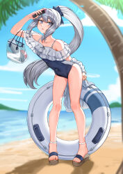 1girl absurdres bag beach blue_archive cellphone covered_navel frilled_one-piece_swimsuit frills full_body grey_eyes grey_hair halo highres holding holding_phone leaning_forward lifebuoy miyako_(blue_archive) moecchi ocean one-piece_swimsuit palm_tree phone ponytail sandals smartphone solo standing swim_ring swimsuit thighs tree