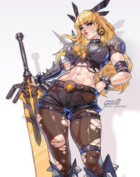 1girl armor black_gloves blonde_hair blue_eyes breasts cleavage cleavage_cutout clothing_cutout crop_top gloves greenu highres holding holding_sword holding_weapon huge_weapon long_hair looking_at_viewer magik_(x-men) marvel marvel_rivals midriff navel short_shorts shorts solo sword weapon x-men