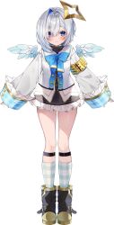 1girl aiguillette amane_kanata amane_kanata_(1st_costume) angel_wings armband asymmetrical_bangs black_boots black_skirt blue_bow blue_bowtie blue_hair blue_socks blue_wings bob_cut boots bow bowtie c10h14n2 closed_mouth colored_inner_hair commentary_request feathered_wings frilled_skirt frills full_body gradient_wings grey_hair grey_jacket hair_over_one_eye halo highres hololive jacket knee_strap kneehighs long_sleeves looking_at_viewer mini_wings miniskirt multicolored_hair multicolored_wings pink_hair purple_eyes sailor_collar short_hair simple_background single_hair_intake skirt sleeve_cuffs sleeves_past_wrists smile socks solo star_halo straight-on streaked_hair tachi-e turtleneck virtual_youtuber white_background white_sailor_collar white_wings wide_sleeves wings