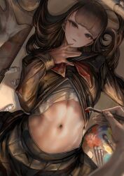 1girl 1other absurdres black_hair black_sailor_collar black_shirt black_skirt blunt_bangs blurry blurry_foreground brown_eyes canvas_(object) clothes_pull cowboy_shot dot_nose from_above highres holding holding_paintbrush indoors long_hair looking_at_viewer lying navel neckerchief on_back original paint_palette paint_tube paintbrush parted_lips partially_undressed pleated_skirt pov red_neckerchief sailor_collar school_uniform serafuku shirt shirt_pull skirt soleil_(soleilmtfbwy03) solo_focus stomach white_shirt