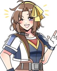1girl ;d aegis_asu anelace_elfead armor blush brown_hair eiyuu_densetsu fingerless_gloves gloves hair_ribbon highres jacket one_eye_closed open_clothes open_jacket open_mouth pauldrons purple_eyes ribbon short_hair shoulder_armor single_pauldron smile solo sora_no_kiseki upper_body waving white_jacket