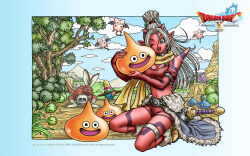 1girl 6+others ;d aqua_eyes artist_request belt boots border breasts bridal_gauntlets cleavage colored_skin copyright_logo creature creature_request dragon_quest dragon_quest_x earrings gradient_border highres holding holding_creature horns jewelry kneeling long_hair looking_at_another maiyu_(dq10) midriff multiple_others navel official_art official_wallpaper one_eye_closed open_mouth outdoors pointy_ears red_bridal_gauntlets red_shorts red_skin red_socks red_sports_bra scarf she-slime shorts shoulder_spikes silver_thighlet slime_(dragon_quest) smile socks sphere_earrings spiked_hare_(dragon_quest) spikes sports_bra thighlet third-party_source tree updo white_hair yellow_scarf