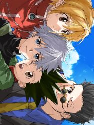 4boys :d black_hair black_jacket black_sweater blonde_hair blue_shirt blue_sky brown_eyes collared_shirt formal_clothes gon_freecss green_jacket highres hunter_x_hunter jacket killua_zoldyck kurapika leorio_paladiknight looking_at_another looking_at_viewer male_focus multiple_boys necktie one_eye_closed open_mouth outdoors red_shirt round_eyewear shirt short_hair sky smile spiked_hair sumi_bito2 sunglasses sweater upper_body white_hair yellow_necktie