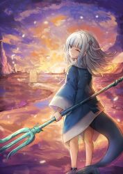 1girl absurdres blue_eyes blue_hair blue_hoodie fins fish_tail gawr_gura gawr_gura_(1st_costume) grey_hair highres holding holding_polearm holding_weapon hololive hololive_english hood hoodie one_eye_closed polearm shark_tail solo standing sunset tail tears virtual_youtuber weapon ziteng_yue
