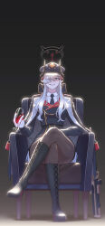 1girl alcohol belt black_boots black_coat black_jacket black_necktie blue_archive boots brown_pantyhose bullpup coat coat_on_shoulders commentary_request crossed_legs cup demon_horns drinking_glass full_body gloves green_eyes gun hair_over_one_eye halo hat highres holding holding_cup horns jacket knee_boots long_hair looking_at_viewer makoto_(blue_archive) necktie on_chair one_eye_covered pantyhose partial_commentary peaked_cap pointy_ears red_machine rifle shirt sitting smile sniper_rifle solo very_long_hair walther walther_wa_2000 weapon white_gloves white_shirt wine wine_glass