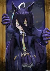 Rule 34 | 1girl, ahoge, animal ears, artist name, black coat, black gloves, black shirt, black skirt, blush, coat, collared shirt, crossed bangs, doorway, ear tag, earrings, gloves, hair between eyes, hand up, highres, horse ears, horse girl, jewelry, long bangs, long hair between eyes, looking at viewer, magnoliko, manhattan cafe (umamusume), multicolored hair, necktie, open clothes, open coat, parted lips, pleated skirt, shirt, signature, single earring, skirt, smile, solo, twitter username, umamusume, white hair, yellow eyes, yellow necktie
