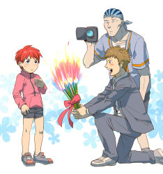 air_master blush bouquet brown_hair camera fireworks flower formal_clothes fukamichi_nobuhiko holding holding_bouquet holding_camera holding_fireworks pink_ribbon red_hair ribbon saeki_miori shorts suit surprised t_k_g white_background