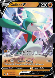 artist_name card_(medium) character_name closed_mouth cloud company_name copyright_name copyright_notice debris english_text gallade gen_4_pokemon murayama_ryota nintendo official_art outdoors pokemon pokemon_(creature) pokemon_card pokemon_focus pokemon_tcg red_eyes sky solo third-party_source trading_card tree