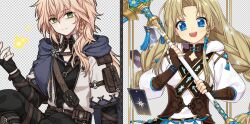 1boy 1girl blonde_hair blony_(mabinogi) blue_eyes fingerless_gloves gloves highres holding holding_weapon lessojin mabinogi tarot weapon