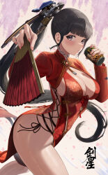 1girl alternate_eye_color black_hair breasts can china_dress chinese_clothes dress drink_can drinking eve_(stellar_blade) female_focus folding_fan hair_ornament hairclip hand_fan highres light_blush long_hair medium_breasts parted_lips ponytail shiny_skin silvertsuki soda_can stellar_blade thighs