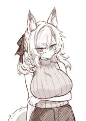 Rule 34 | 1girl, absurdres, animal ear fluff, animal ears, arknights, arm under breasts, bare arms, bare shoulders, blush, breasts, closed mouth, commentary, cowboy shot, greyscale, hair between eyes, hatching (texture), highres, large breasts, light frown, linear hatching, looking at viewer, maiq06, medium hair, monochrome, ribbed sweater, simple background, sleeveless, sleeveless sweater, solo, standing, sweater, tail, turtleneck, turtleneck sweater, whislash (arknights), white background