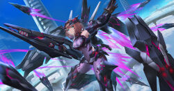 1girl absurdres akana93 aqua_eyes armor armored_boots bare_shoulders black_gloves blue_eyes blue_sky bodysuit boots breasts brown_hair building closed_mouth cloud covered_navel dark_star_(starward) day elbow_gloves energy_gun flying gloves green_eyes gun headgear highres holding holding_gun holding_weapon large_breasts looking_at_viewer mecha_musume mechanical_wings medium_breasts open_hand outdoors outstretched_arm purple_bodysuit science_fiction short_hair skin_tight sky solo starward thrusters weapon wings