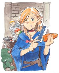 1girl 3boys ahoge armor bad_id bad_pixiv_id beard black_hair blonde_hair blush braid caracol chilchuck_tims choker dungeon_meshi elf facial_hair fake_horns green_eyes helmet horned_helmet horns knife laios_touden long_hair marcille_donato marushiru multiple_boys open_mouth pointy_ears red_hair senshi_(dungeon_meshi) short_hair smile tirchac_(dungeon_meshi) twin_braids wok