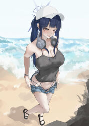 1girl absurdres bare_arms bare_shoulders bikini black_sandals blue_archive blue_bikini blue_eyes blue_hair blunt_bangs breasts cleavage covered_erect_nipples denim denim_shorts diksiuw grey_tank_top hat headphones headphones_around_neck highleg highleg_bikini highres long_hair looking_at_viewer navel official_alternate_costume official_alternate_hairstyle open_clothes open_mouth open_shorts sandals saori_(blue_archive) saori_(swimsuit)_(blue_archive) shorts sidelocks solo swimsuit tank_top toes undressing white_hat