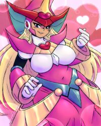Rule 34 | android, arm guards, armor, armored dress, berkana (mega man), blonde hair, blue eyes, bracer, breastplate, breasts, chest jewel, covered navel, cuirass, dress, galacticonejos, gem hat ornament, gloves, hair over shoulder, happy valentine, hat, headphones, heart, heart bubbles, helmet, highres, joints, large breasts, light blush, lipstick, long dress, long hair, looking at viewer, makeup, mechanical arms, mega man (series), mega man x (series), mega man xtreme 2, pink armor, pink dress, pink lips, robot, robot girl, robot joints, shoulder armor, shoulder spikes, signature, spikes, white gloves, wide hips, witch, witch hat