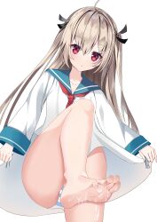 1girl absurdres ahoge arms_at_sides ascot atri atri-my_dear_moments- bare_legs barefoot black_ribbon blue_sailor_collar blush chinese_commentary collarbone commentary convenient_leg dress eyelashes feet foot_up foreshortening from_below hair_between_eyes hair_ribbon highres light_brown_hair listjoy long_hair long_sleeves looking_at_viewer looking_down open_mouth panties red_ascot red_eyes ribbon sailor_collar sailor_dress simple_background skirt_hold soles solo standing standing_on_one_leg straight_hair striped_clothes striped_panties suggestive_fluid thighs toenails toes tsurime two_side_up underwear very_long_hair white_background white_dress wide_sleeves