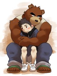 2boys animal_ears bara bear_boy bear_ears biceps black_hair blue_jacket blue_pants blush brown_fur closed_mouth commentary_request furry furry_male furry_with_non-furry highres hiroyuki_nishimura_(morenatsu) hug interspecies jacket juuichi_mikazuki looking_at_another looking_to_the_side male_focus morenatsu multiple_boys pants shirako_(kirupi) tank_top track_jacket track_pants white_tank_top yaoi