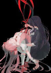 Rule 34 | 2girls, akemi homura, black dress, black hair, black shoes, closed eyes, closed mouth, collarbone, covered eyes, dress, gloves, hair spread out, highres, kaname madoka, kneehighs, long hair, mahou shoujo madoka magica, multiple girls, pink dress, pink hair, puffy short sleeves, puffy sleeves, red ribbon, red shoes, ribbon, shoes, short sleeves, socks, sukuuyu, twintails, very long hair, white gloves, white socks