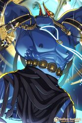1boy abs animal_ears armpits arms_behind_head artist_name bara barefoot black_sclera claws closed_mouth colored_sclera commentary dislyte drew_(anubis)_(dislyte) drew_(meta_anubis)_(dislyte) english_commentary from_below furry furry_male jackal_boy jackal_ears male_focus muscular muscular_male nipples patreon_username pectorals sollyz topless_male yellow_eyes