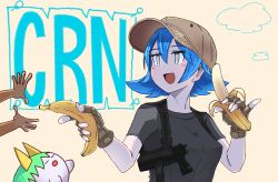 1girl banana baseball_cap black_shirt blue_eyes blue_hair blush breasts brown_gloves brown_headwear character_name cirno cirno_(cookie) commentary_request cookie_(touhou) daiyousei diyusi_(cookie) fingerless_gloves food fruit gloves gun hair_between_eyes handgun hat highres holding holding_food holding_fruit holster looking_to_the_side medium_breasts open_mouth pinky_out pistol psychic_parrot shirt short_hair short_sleeves smile sukusuku_hakutaku touhou upper_body weapon