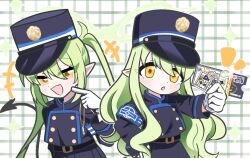+++ 2girls :d armband belt belt_buckle black_belt black_tail blue_archive blue_armband blue_hat blue_jacket blue_skirt blush buckle buttons checkered_background commentary demon_tail dot_nose double-breasted eyes_visible_through_hair fang gloves green_background green_hair green_halo hair_between_eyes halo hand_on_own_hip hand_up hat hikari_(blue_archive) holding holding_ticket jacket jam-drawer long_hair long_sidelocks long_sleeves looking_at_viewer multiple_girls naughty_face notice_lines nozomi_(blue_archive) open_mouth parted_lips patterned_background peaked_cap pointing pointing_at_self pointy_ears siblings sidelocks sisters skin_fang skirt smile sparkle tail tareme ticket train_conductor twins twintails upper_body very_long_hair very_long_sidelocks wavy_sidelocks whistle white_background white_gloves yellow_eyes