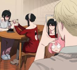 Rule 34 | absurdres, anya (spy x family), bare shoulders, black hair, breasts, child, earrings, green eyes, hairband, hairpods, highres, holding, husband and wife, jewelry, large breasts, long sleeves, open mouth, photo-referenced, pink hair, ratatatat74, red eyes, red sweater, shirt, sidelocks, smile, spy x family, sweater, twilight (spy x family), white hairband, yor briar, yuri briar