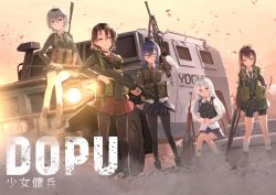 5girls absurdres ahoge ak-12 assault_rifle bike_shorts bike_shorts_under_skirt black-framed_eyewear black_choker black_footwear black_gloves black_jacket black_legwear black_necktie blazer blouse blue_eyes blue_hair blue_necktie blue_skirt boots bren_lmg car choker closed_mouth combat_boots commentary_request dreadtie dress_shirt dutch_angle english_text glasses gloves grey-framed_eyewear grey_hair gun hair_ornament hairclip harness heterochromia highres holding holding_gun holding_weapon hummer jacket kalashnikov_rifle light_machine_gun long_hair long_sleeves looking_at_viewer machine_gun medium_hair miniskirt motor_vehicle multiple_girls necktie on_car orange_sky original outdoors overcast own_hands_together pantyhose plaid_clothes plaid_skirt pleated_skirt pump_action red-framed_eyewear red_eyes red_necktie red_skirt rifle school_uniform semi-rimless_eyewear shirt short_hair shotgun sitting skirt sky smile socks standing trigger_discipline twilight under-rim_eyewear weapon weapon_request white_shirt winchester_model_1897 wing_collar
