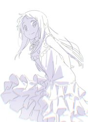 Rule 34 | 1girl, ano hi mita hana no namae wo bokutachi wa mada shiranai., arms behind back, dress, frilled dress, frills, greyscale, highres, honma meiko, long hair, looking at viewer, monochrome, simple background, sketch, smile, solo, super-saiya-0173