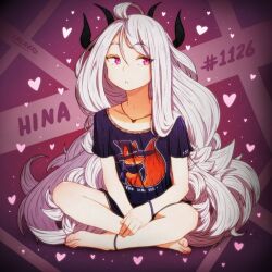 1girl ahoge alternate_costume anklet artist_name barefoot black_horns black_shirt blue_archive bracelet character_name feet fingernails fox full_body hair_between_eyes hat heart heart_necklace hina_(blue_archive) horns indian_style jewelry long_hair looking_to_the_side necklace parted_lips print_shirt purple_background purple_eyes shirt short_sleeves sitting solo srgrafo toenails very_long_hair white_hair witch_hat