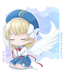Rule 34 | 1girl, angel wings, assault lily, barefoot, beret, blonde hair, blue hat, blue skirt, blue sky, blush, bow, bowtie, chibi, closed eyes, closed mouth, cloud, collared shirt, commentary request, crescent moon, dated, esaka shizuku, feathered wings, full body, hair bow, hands up, happy birthday, hat, herensuge girls academy school uniform, holding, holding ribbon, inoguchi minto, interlocked fingers, medium hair, miniskirt, moon, outside border, own hands clasped, own hands together, pillarboxed, praying, purple sky, red bow, red bowtie, red ribbon, ribbon, school uniform, seiza, shadow, shirt, sitting, skirt, sky, smile, solo, star (sky), suspender skirt, suspenders, white bow, white shirt, white wings, wings