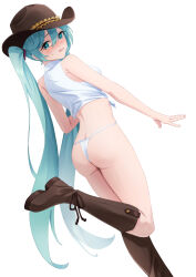 1girl absurdres amaama_(beccyonaika1) aqua_eyes aqua_hair ass bare_arms bare_shoulders blush boots brown_boots brown_hat butt_crack cowboy_hat cowgirl_(western) dutch_angle embarrassed from_behind hat hatsune_miku highres knee_boots leg_up long_hair looking_at_viewer looking_back midriff panties shirt simple_background sleeveless sleeveless_shirt solo standing standing_on_one_leg sweatdrop tied_shirt twintails underwear variant_set very_long_hair vocaloid white_background white_panties white_shirt
