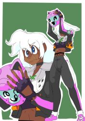 cosplay dark_skin destruction_allstars fingerless_gloves gloves helmet highres holding holding_helmet jacket messy_hair original pants personification playstation_5_(personification) ps5_chan shoes sneakers sony sweat sweatpants thekkm twinkleriot twinkleriot_(cosplay) very_dark_skin white_hair