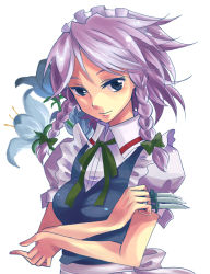 Rule 34 | 1girl, blue eyes, braid, breasts, cubexcube, female focus, flower, izayoi sakuya, knife, maid, maid headdress, plant, simple background, solo, throwing knife, touhou, twin braids, upper body, weapon, white background