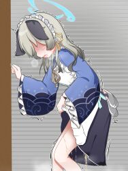 1girl absurdres animal_ear_fluff animal_ears blonde_hair blue_archive blush bow clothes_lift dress drooling female_focus highres japanese_clothes lmc_(pivix) open_mouth pee peeing skirt skirt_lift solo standing steam tongue trembling umika_(blue_archive) wet wet_clothes