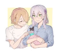 2girls blonde_hair flockoflove glasses green_eyes grey_hair hair_ornament hair_over_one_eye hair_over_shoulder heaven_burns_red highres if_they_mated izumi_yuki_(heaven_burns_red) kayamori_ruka long_hair low-tied_long_hair multiple_girls round_eyewear shirt short_hair wife_and_wife yuri