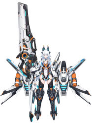 1girl absurdres animal_ears armored_boots black_gloves black_thighhighs blue_eyes boots breasts cleavage closed_mouth fake_animal_ears full_body gloves hair_between_eyes headgear highres holding holding_weapon huge_weapon ji_dan long_hair long_sleeves looking_at_viewer mecha_musume mechanical_ears mechanical_wings medium_breasts original simple_background smile solo standing straight-on tachi-e thighhighs transparent_background weapon white_background white_hair wings