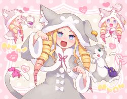 1girl affectionate animal_hood bag beatrice_(re:zero) blonde_hair blush bow butterfly-shaped_pupils cat cat_tail closed_eyes commentary_request cosplay drill_hair gradient_hair green_eyes heart hood looking_at_viewer multicolored_hair multiple_views one_eye_closed open_mouth parupin paw_pose pink_bow pink_hair pink_pupils pink_ribbon puck_(re:zero) puck_(re:zero)_(cosplay) re:zero_kara_hajimeru_isekai_seikatsu ribbon symbol-shaped_pupils tail twin_drills