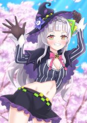 1girl a5hio absurdres black_hat black_skirt blue_sky brown_gloves cherry_blossoms closed_mouth cloud crop_top gloves grey_hair grey_shirt hat highres hololive long_hair looking_at_viewer murasaki_shion murasaki_shion_(1st_costume) shirt sidelocks skirt sky smile solo striped_clothes striped_shirt vertical-striped_clothes vertical-striped_shirt very_long_hair virtual_youtuber witch_hat yellow_eyes