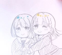 2girls ;) blush c: closed_mouth commentary graphite_(medium) greyscale hasu_no_sora_school_uniform hatching_(texture) highres hug hug_from_behind kachimachi_kosuzu linear_hatching link!_like!_love_live! long_sleeves love_live! momose_ginko monochrome multiple_girls neckerchief one_eye_closed sailor_collar school_uniform smile spot_color traditional_media upper_body virtual_youtuber wataame._(rubytan_25) winter_uniform