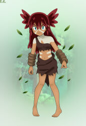 1girl aqua_eyes armpit_crease arms_at_sides artist_name barefoot bodypaint bracelet brown_hair clenched_hands collarbone dark-skinned_female dark_skin eyebrows_hidden_by_hair eyelashes facepaint falling_leaves fankifalu feet female_focus flat_chest full_body genderswap gradient_background gradient_hair hair_between_eyes hair_ornament happy highres jewelry knees koko_(pokemon) leaf leaning_forward legs long_hair looking_ahead messy_hair midriff multicolored_hair navel neck nintendo pigeon-toed pokemon pokemon_(anime) pokemon_the_movie:_secrets_of_the_jungle shirt sidelocks single_strap skirt smile standing toenails toes torn_clothes torn_shirt torn_skirt v-shaped_eyebrows