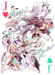 1girl absurdres black_hairband black_jacket closed_mouth cocoballking commentary cropped_jacket firefly_(honkai:_star_rail) floating_hair from_side grey_hair hairband highres holding holding_weapon honkai:_star_rail honkai_(series) jacket long_hair long_sleeves looking_at_viewer multicolored_eyes multicolored_hair sam_(honkai:_star_rail) simple_background weapon white_background