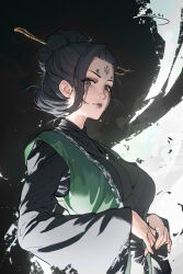 Rule 34 | 1girl, black hair, black lips, black myth: wukong, breasts, closed mouth, commentary request, facial mark, forehead mark, fourth sister (black myth: wukong), from below, green robe, hair bun, hair ornament, hair pulled back, hair stick, han keshi chao mang de, highres, japanese clothes, kimono, large breasts, looking to the side, makeup, multicolored robe, robe, runny makeup, solo, wide sleeves