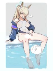 Rule 34 | 1boy, 1girl, absurdres, animal ears, arm support, blonde hair, blue archive, blue eyes, breasts, clothing aside, dog ears, flashing, halo, highres, kanna (blue archive), kanna (swimsuit) (blue archive), large breasts, long hair, ponytail, pool, rehu (astd5787), swimsuit, swimsuit aside