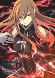 1girl black_background breasts brown_hair closed_mouth commentary_request gloves green_eyes hair_between_eyes komegura large_breasts long_hair red_aura solo standing tales_of_(series) tales_of_the_abyss tear_grants watermark white_gloves