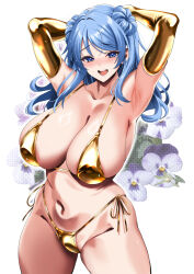 1girl armpits arms_up bikini blue_eyes blue_hair blush breasts cleavage collarbone cowboy_shot double_bun flower gold_bikini gold_gloves hair_bun highres kantai_collection kyogoku_shin large_breasts looking_at_viewer navel open_mouth side-tie_bikini_bottom smile solo stomach swimsuit urakaze_(kancolle) white_background