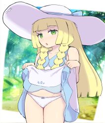 1girl :o blonde_hair blunt_bangs bow bow_panties clothes_lift collarbone collared_dress commentary_request cowboy_shot creatures_(company) day dress dress_lift eyelashes game_freak green_eyes hat hat_ribbon highres kutabireta_neko lifting_own_clothes lillie_(pokemon) long_hair nintendo open_mouth outdoors panties pokemon pokemon_sm ribbon solo sun_hat underwear white_dress white_hat white_panties